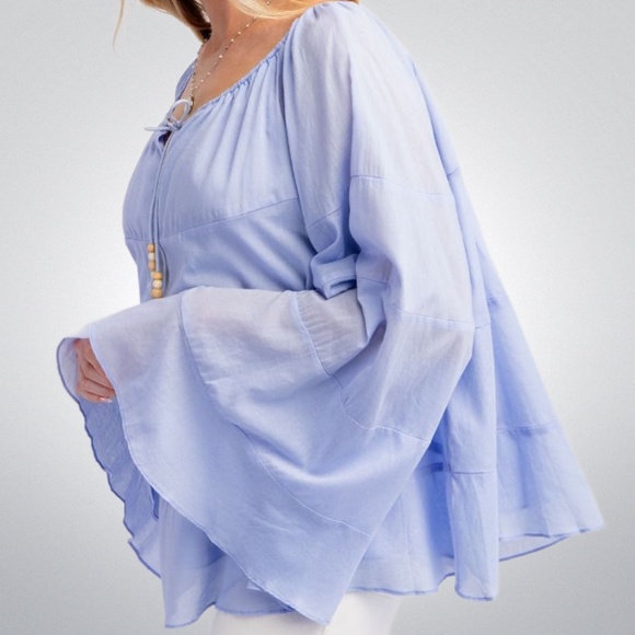 EASEL Lightweight & Flowy Cotton Lined Top Bell Sleeves Keyhole Neck Beaded Ties - Picture 8 of 13